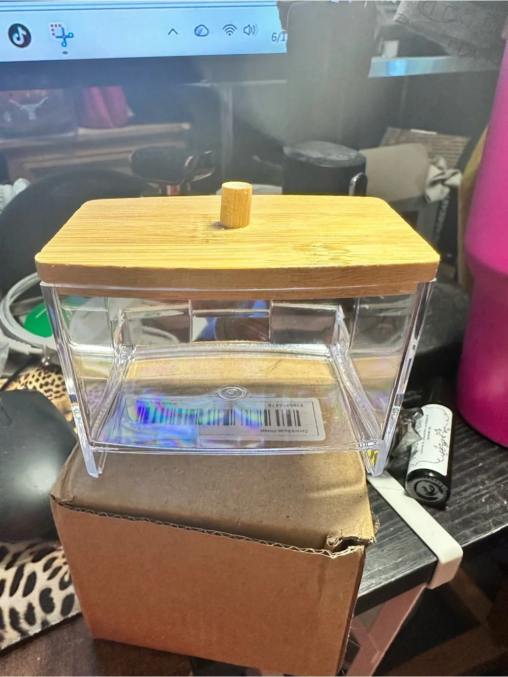 Acrylic Cotton Swab and Q-Tip Dispenser with Bamboo Lid
